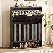 Hootata 31.5''W Black Shoe Storage Cabinet for Entryway with 2 Flip Drawers, Fluted Slim Shoe Cabinet, Free Standing Wooden Shoes Organizer for Foyer, Hallway