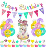 Unicorn Rainbow Party Set - Birthday Banner Cake Toppers Latex Balloons- Kids Girls Dream Birthday Party Decoration