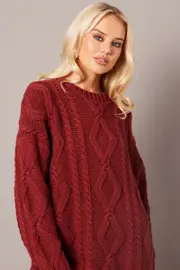 Brown Cable Knit Top Long Sleeve Longline - Size XS, Women's Basic Knit