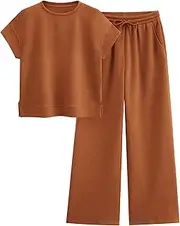 [PRETTYGARDEN] 2 Piece Outfits For Women Casual Tracksuit Short Sleeve Tops And Wide Leg Long Pants Matching Lounge Sets