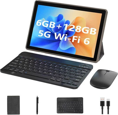 2 in 1 Tablets with Keyboard, 10 Inch Android Tablet, 6GB RAM+128GB ROM+1TB Expa
