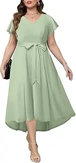 [Pinup Fashion] Plus Size Wedding Guest Dress Formal - Flutter Sleeve Cocktail Party High Low Dresses with Pockets, Light Green, 28 Plus
