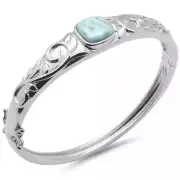 Natural Larimar Flower Engraved .925 Sterling Silver Bangle Bracelet