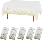 5 Pack Disposable Plastic Tablecloths,White and Gold Polka Dot Style Party Tablecloth for Rectangle Tables for Yard BBQ,Parties,Wedding,Anniversary and More 137cm x 274cm