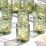 LAMORGIFT 12 PCS Green Glass Votive Candle Holders - Green Tealight Holders for Wedding Decor, Party Centerpieces