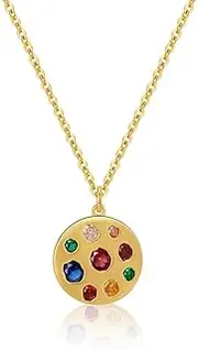 [Xiao Hua] handmade necklace pendant suitable for men and women, small round brand pendant, colored zircon necklace (gold), 47cm/18.5in, Copper+Zircon, natural