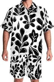 [KQNZT] Men's Hawaiian Shirts and Shorts Set, 2 Piece Set for Men, Mens Vacation Outfits, Minimalist Geometric Figures Red Black, Mens Matching Shirt and Shorts Set