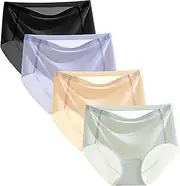 [Generic] Womens Underwear No Show Sexy Mini Panties Silk Pure Color No Breathable Midriff Panty 4 Piece Set Womens Athletic Panties