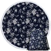 Dark Blue Background for White Floral Round Beach Towel