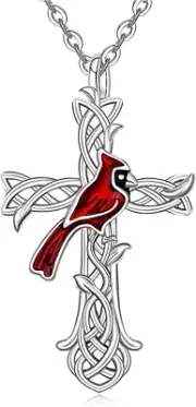 Cardinal Cross Necklaces for Women Sterling Silver Memorial Red Bird Faith Gifts