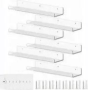 Uandhome 6 Pcs Clear Acrylic Floating Shelves, 15" Wall Mounted for Kids Bookshelf, Display Ledge for Bedroom, Living Room, Bathroom, Kitchen