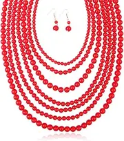 [RIAH FASHION] Multi Beaded Bubble Statement Necklace - Round Ball Chunky Drape Bib Collar Marbled, 7 Layer Long