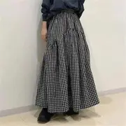 Elastic Waist Plain Tiered Maxi A-Line Skirt Plaid - Black & White - L