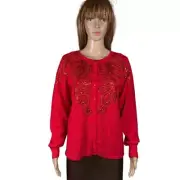 Vintage Bob Mackie Embroidered Sequin Cotton Red Cardigan Size L