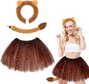 3 Pieces Lion Costume Lion Ears Headband with Tail Lion Tutu for Girls Women Halloween Carnival Cosplay Party