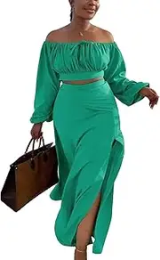 [LUXRUB] Women's 2 Piece Skirt Outfits Sexy Off Shoulder Lantern Long Sleeve Crop Top and Ruffle Split Maxi Skirt Set (Color : Green, Size : XX-Large)
