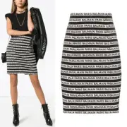 Balmain Wmns 6 Logo Print Stripe High Waist Pencil Straight Mini Skirt NWT $2195