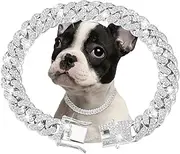 Diamond Cuban Link Dog Collar 13mm Wide Dog Necklace Metal Cat Chain Pet Crystal Collar Jewelry Accessories for Small Medium Large Dogs Cats Silver Chain Collar (12inch)