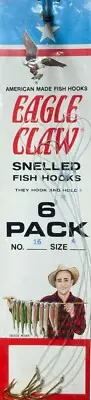 Vintage Eagle Claw 6-Pack Snelled Fish Hooks Deadstock NOS New No. 16 Size 4