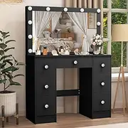 Buildonely Large Mirror Vanity Table, Black Vanity Set with Mirror and Lights, 7 Drawers Makeup Desk with Crystal Handles for Girls and Women, White, 100 * 40 * 140CM
