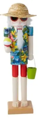 Wooden Christmas Nutcracker, 15", WHITE MALE BEACH SANTA IN STRAW HAT W/BALL,P&T