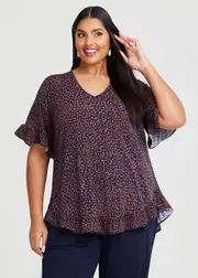 [TS] Taking Shape Salsa Pebble Luna V-neck Ruffle Top Size 16 in TAN / Navy Spot - Plus Size Women's Clothing Tan / Navy Spot