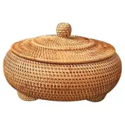 Round Rattan Boxes with Lid Hand-Woven Multi-Purpose Wicker Tray 8.6Inch Picn...