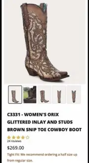 C3331- Women’s Orix Glittered Inlay and Studs Brown Snip Toe Cowboy Boot NWB