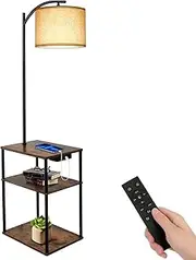 Floor Lamp with Table, Kinsdan Bedside Table with Lamp with USB Ports, 3-Color Temperature LED Bulb Included, Rustic End Table Lamp with Shelves for Bedroom, Living Room, Office