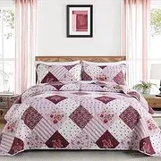 Dinjoy Pink Quilt Set Queen Size, Reversible Floral Plaid Patchwork Pattern Bedding Set Pink Purple Soft Microfiber Lightweight Bedspread Coverlet 3 Piece Spring Summer Use (96"x90")