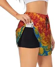 [WURTON] Tie Dye Hippies Print Exercise Gym Workout Shorts Women's Athletic Shorts Dual-Layered Yoga Running Shorts