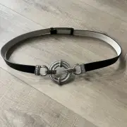 Chico's Leather Belt S/M Black Adjustable Slide Silver Hook Buckle Metal Clasp