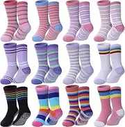 [DOSKONI] Toddlers Girls Non Slip Socks Baby Kids Grip Socks Crew Cotton Socks with Grippers 12 Pairs