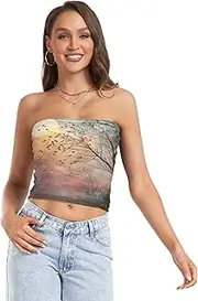 [RPLIFE] Autumn Tree Woods Scene Cropped Tube Top Strapless Top for Women, Mesh Tube Tops, Trendy Crop Tops (S)