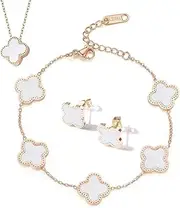 [Hannya] 18K Gold Plated Lucky Clover Sets, Lucky Clover Bracelet, Earring, Necklace Pendant for Women Girls