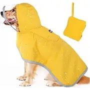 Dog Raincoat with Hood Collar Hole 100% Waterproof Ultra-Light Breathable Rainwear Rain Jacket with Safe Reflective Strips for Medium to Large Dog