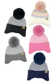 C.C Exclusive Kids Girls Boys Soft Stripe Earflap Yarn Pom Beanie Winter Hat