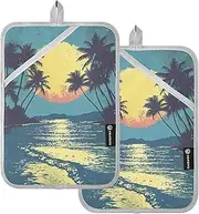 Pot Holder Sets for Kitchen Heat Resistant Blue Vintage Beach Sunset Potholders with Pockets Hot Pot Holders Oven Mitts 2 Pack