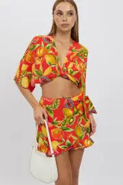 Red Abstract Wrap Skirt High Waisted Mini Ruffle - Size 16XL, Women's Skater Skirt