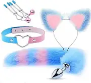 Anal Plug Tail Butt Plug Cosplay Costume Set Metal Anal Butt Plug Tail with Collar Choker Cat Ear Headband Fox Costume 5Pcs/Set Animal Furry Ears Headwear Nipple Clamps Clips Bondage Kit BDSM Flax Leather Sex Toy (Blue/Pink)