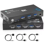8K@60Hz USB 3.0 DisplayPort KVM Switch Dual Monitor 2 Computers, 8K KVM Switch D