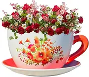 hadaaya Orange Poppy Floral Motif Ceramic 7.5" Round Teacup Pot Planter Container with Saucer for Succulent Orchid Herbs Cactus Indoor houseplants Flowers & Party centerpieces for Home Decorating