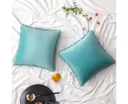 Pack of 2 Velvet Christmas Throw Pillow Covers Spring Pompom Decorative Pillowcases Solid Soft Cushion Covers with Poms Square -20"x20" Teal Green