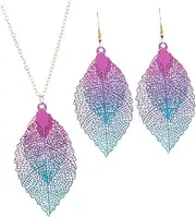 [CONGARTENO] Fashionable Leaf Shaped Necklace and Earrings Set Women's Jewelry Collection Necklace and Leaf Earrings Blue Purple