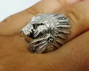 M058 Genuine 9ct White Gold INDIAN Chief Wide Mens Ring size 10 Native American