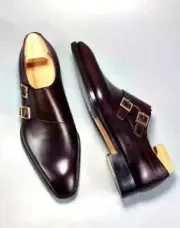 Custom Made Men’s Classic Burgundy Leather Double Monk Strap Shoes Party Wedding