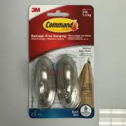 Command Medium Bath Hooks, Holds up to 3 lb, 2 Shower 2 Brushed Nickel New