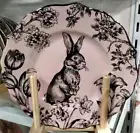 222 Fifth set 8 BUNNY HILL PINK GOLD SALAD DESSERT PLATES toile Porcelain NEW