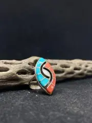 Zuni Inlay turquoise, coral Sterling Silver Ring Size 6.25 by Amy Quandelacy