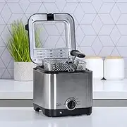 Quest 34250 1.5 Litre Stainless Steel Deep Fat Fryer / 130-190°C Adjustable Temperature/Lid Cover & Viewing Window/Easy Clean with Removable Basket / 900W / Ideal for Fried Chicken, Chips & More